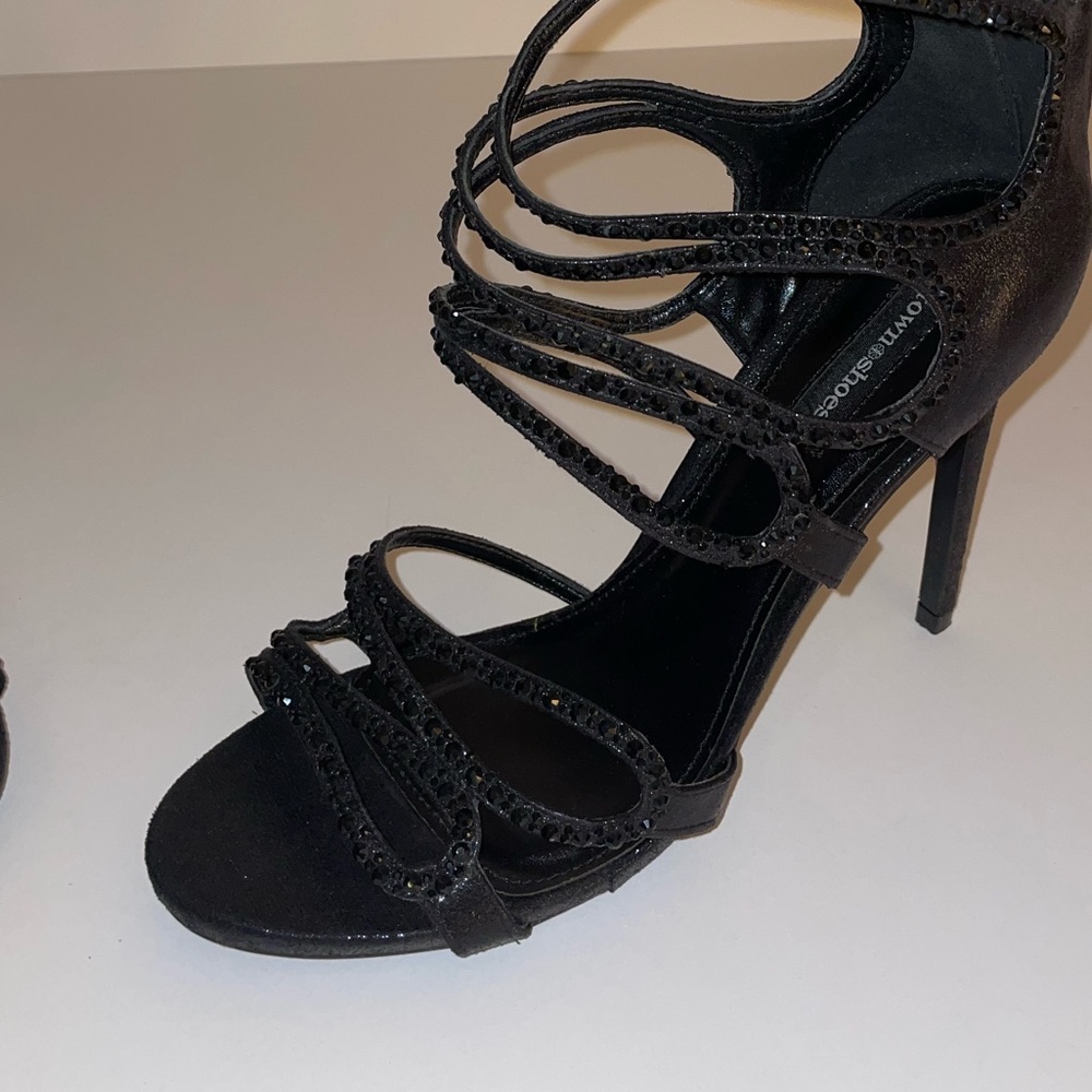 Black strappy Swarovski crystal heels
